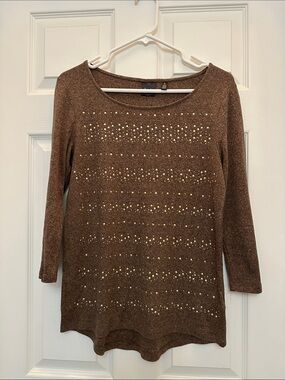 Rafaella Brown Knit Top with Gold Studs